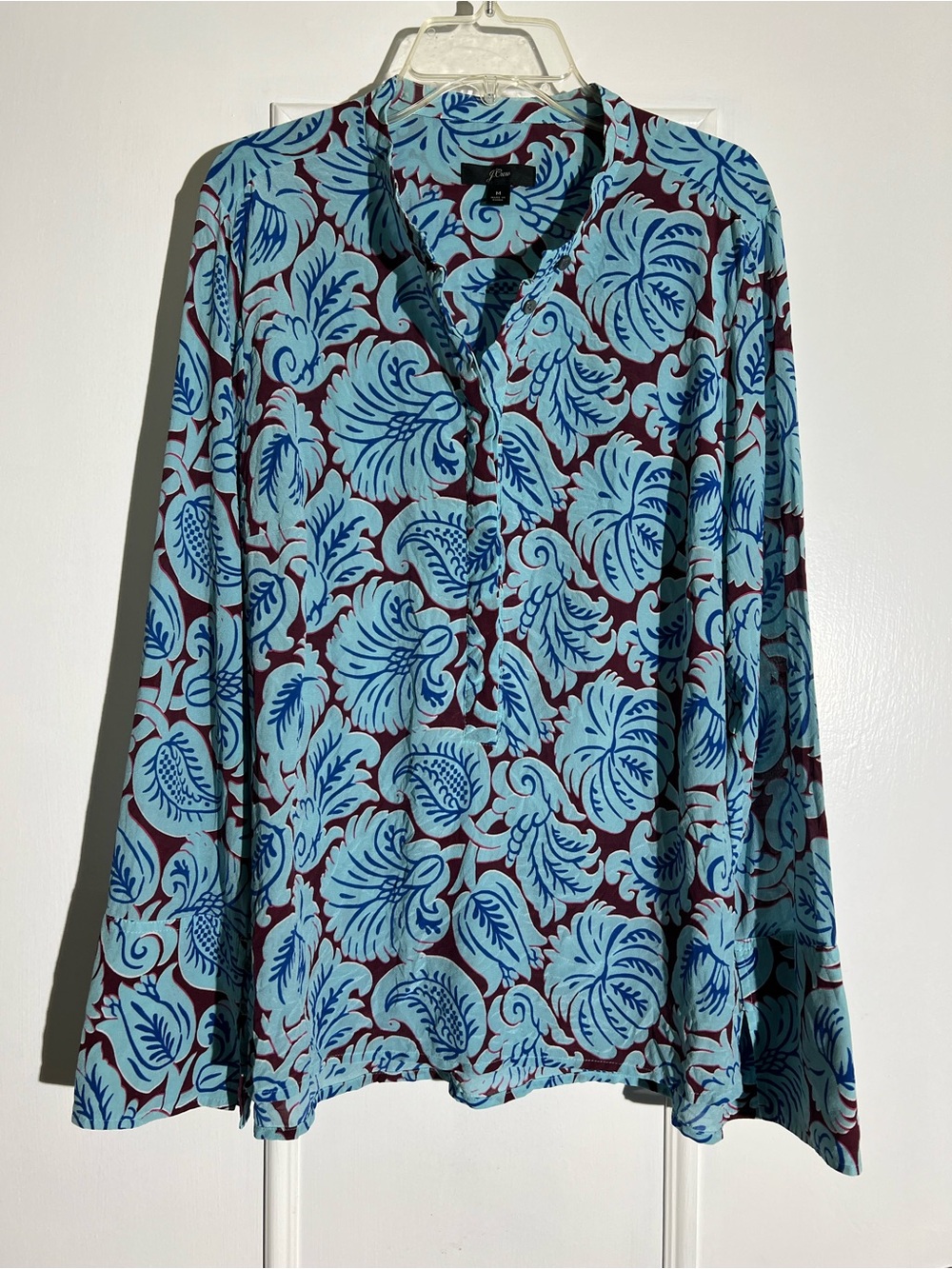 J. Crew Teal and Burgundy Floral Long Sleeve Button-Front Top